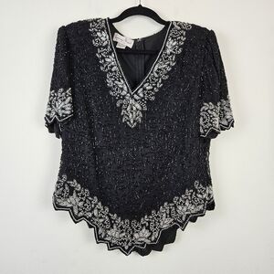 Laurence Kazar Top Women's Blouse Black Silk Beaded Scalloped hem Silver Black